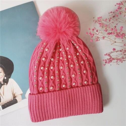 2021 Brand New Girls Knitted Hats Autumn Winter Warm Ablazely Crochet Knit Hat Furry Ball Beading Beanie Cap
