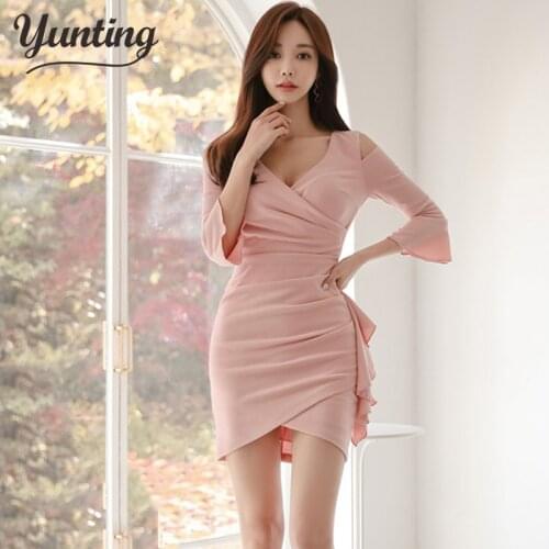 Solid Color Sweet Sheath Bodycon Dress Women Sping Short Pencil Dresses Sexy V-neck Vestidos