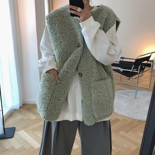 Autumn and winter womens vest casual solid color round neck pocket decoration double-sided vest