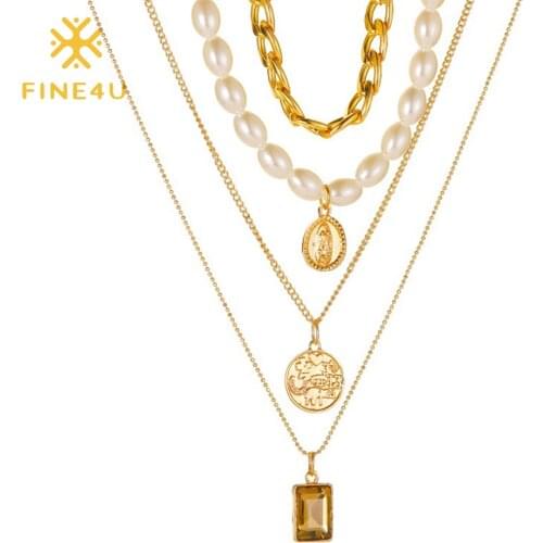 FINE4U N763 Dainty Layered Choker Necklaces Handmade Coin Disc Pendant Multilayer Adjustable Layering Chain Gold Color Necklace