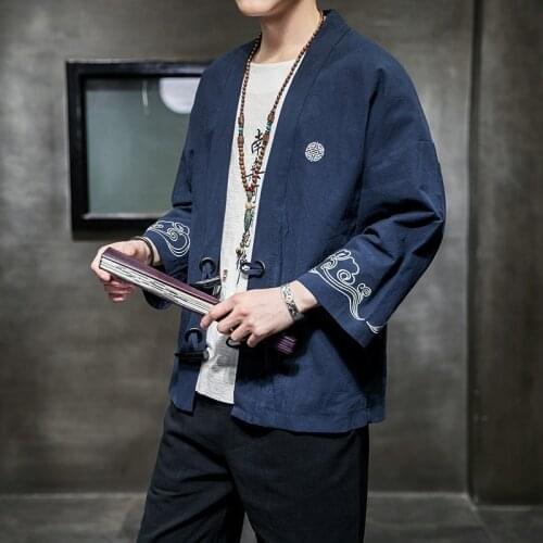 Men Japanese Style Shirts Kimono Robe Haori Ao Dai Coats Gown Chinese Retro Embroidered Casual T-shirt Hanfu Tee Tops Cardigan