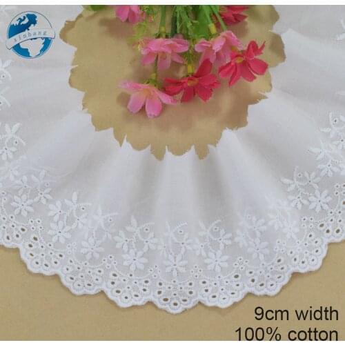 9cm Wide 100% Cotton Embroidery Lace White Sewing Ribbon Fabric Warp Knitting DIY Garment Wedding Accessories Guipure Trim #4243