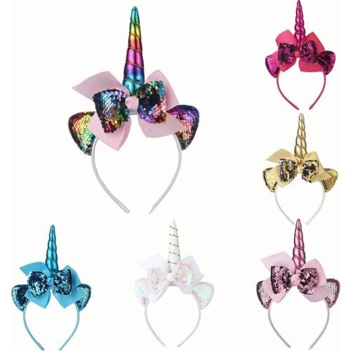 Yundfly Unicorn Horn Hairbands for Kids Girls Party Headwear Sequin Ribbon Bows Headbands for Baby Children Photography Props