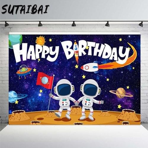 Outer Space Happy Birthday Photography Backdrop Galaxy Airship Astronaut Boys Party Decoration Background Photo Studio Props