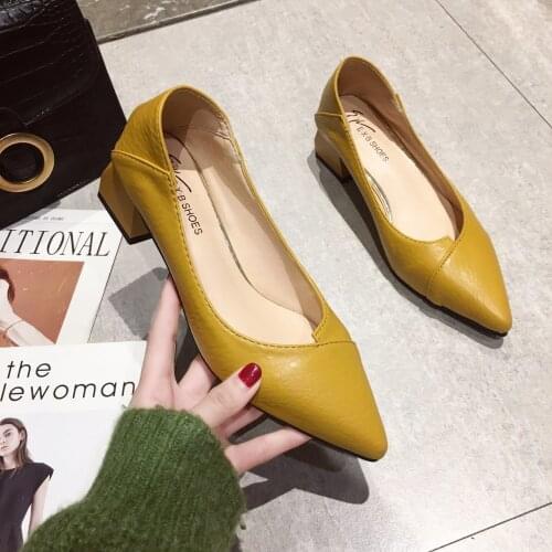 2021 Autumn Womens Shoes Pumps Slip-On Solid Shallow Pointed Toe Fashion Elegant Med Heels Square heel All-match