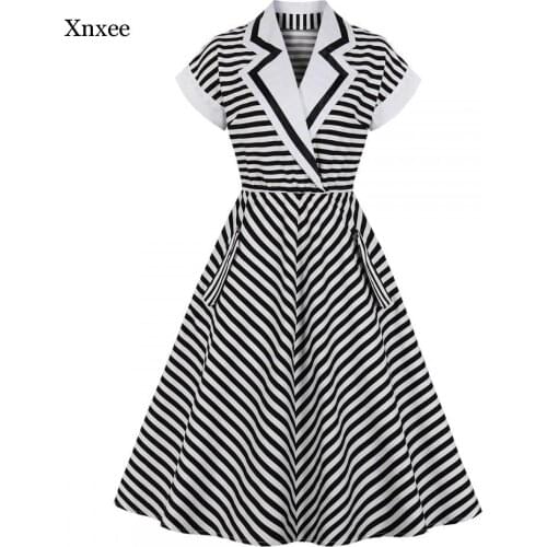 50S 60S Women Suit Dress Clothing 2021 Summer Retro Stripe Print Pin Up Robesfemale Party Dresses Vintage Tunic Vestidos Clothes