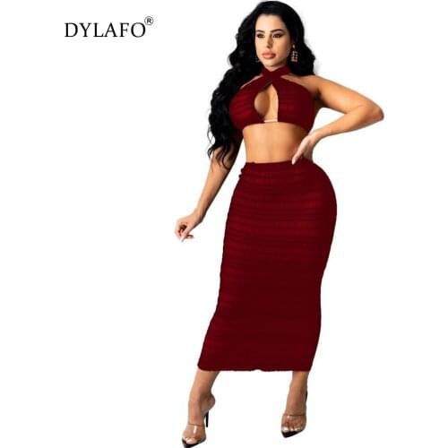 Women Sexy See Through Pleated Two Piece Set Dress Cross Halter Lace Up Backless Vest Crop Top Bodycon Midi Skirt Suit