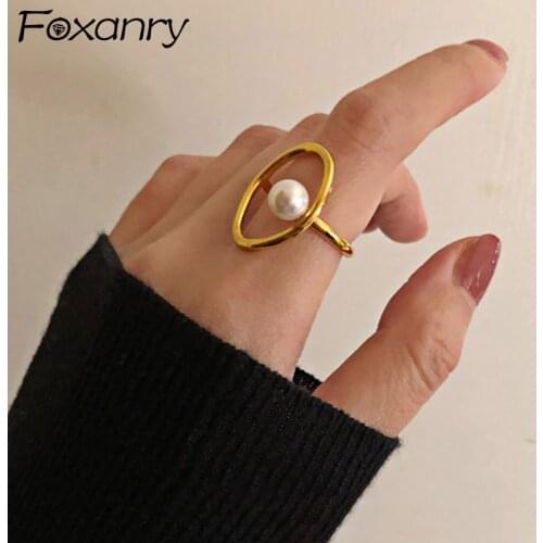 Foxanry 925 Sterling Silver Pearl Rings for Women New Fashion Simple France Gold Plated Hollow Geometric Elegant Bride Jewelry