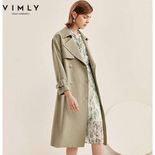 Vimly Winter Trench Coat For Women Fashion Lapel Solid Double Breasted with Belt Outerwear Vintage Female Windbreaker traf F2097
