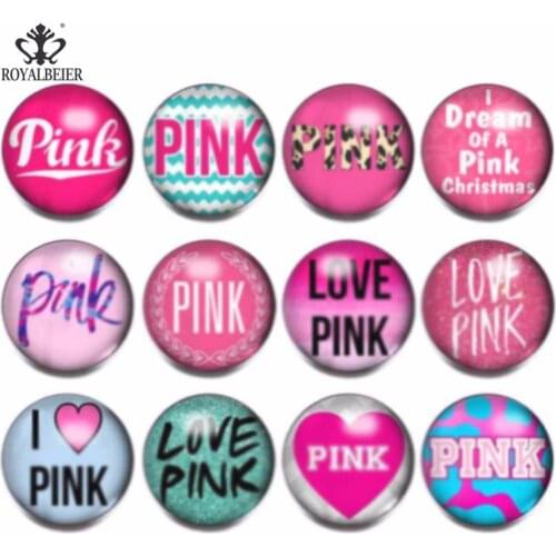 12pcs/lot Snap Button 18mm Glass Charms Love Pink Theme Mixed Pattern For 18-20mm Snap Bracelet Snap Jewelry KZ0969