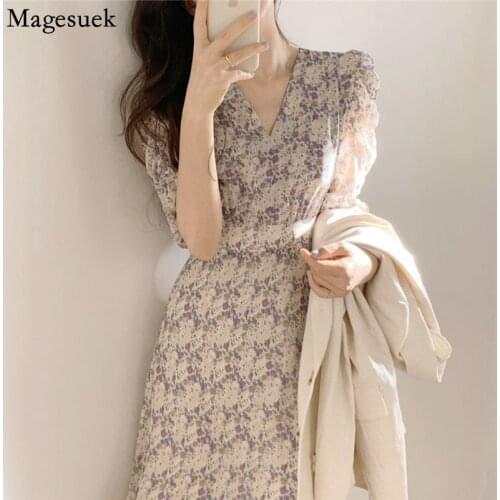 2021 Vintage Floral Long Dress Summer Printing Dress Korean Style High Waist V-neck Short Sleeve Fashion Party Dresses 9813