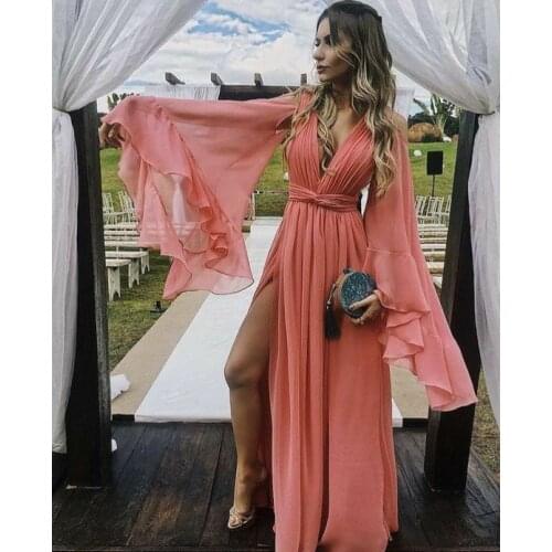 A-Line V-Neck Long Coral Chiffon Evening Dresses with Pockets Pleated Floor Length Zipper Side Slit Formal Party Dress for Women