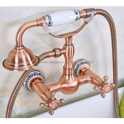 Antique Red Copper Wall Mounted Bathroom Faucet With Hand Held Shower Head Bathroom Shower Faucet Set Mixer Tap Bna332