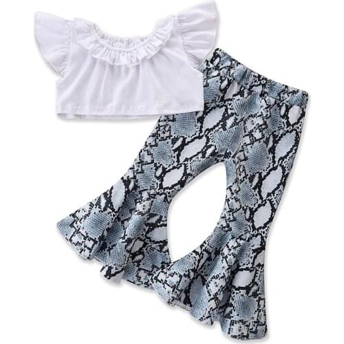 2-6Y Infant Kids Baby Girls Clothes Set Crops Ruffled Solid White Tops Shirt Leopard Flare Pants 2Pcs Outfits