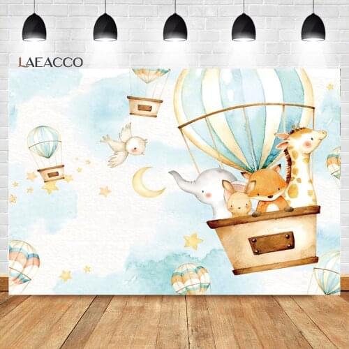 Laeacco Happy Birthday Backgrounds Hot Air Balloon Jungle Animals Safari Party Newborn Photocall Customized Photography Backdrop