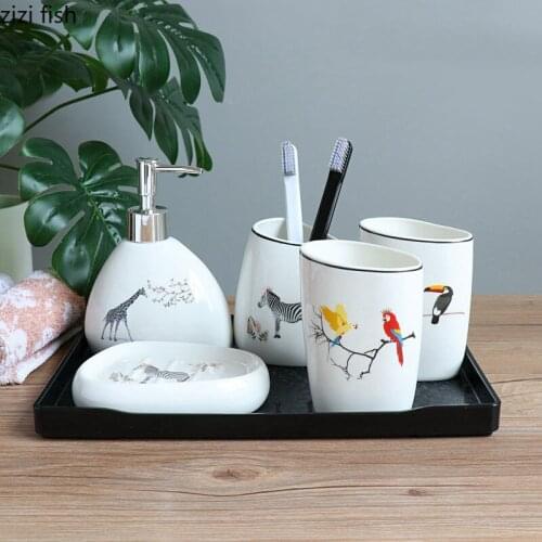 Animal Pattern Painted Ceramic Bathroom Accessories Portable Soap Dispenser Mouthwash Cup Plastic Tray 5pcs/set Bath Supplies