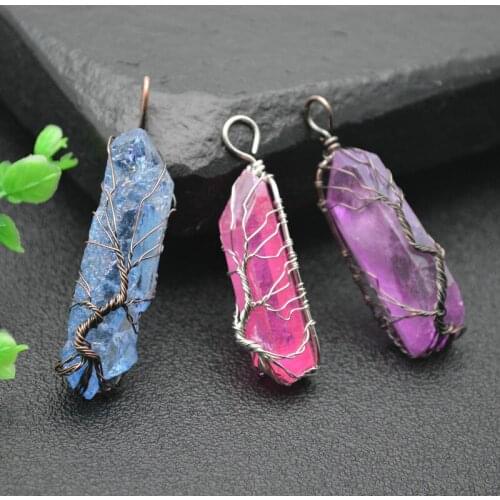 Colorful Winding Wire Life Tree Guard Crystal Natural Gemstone Pendant Fit Necklace Jewelry DIY Making Supplies