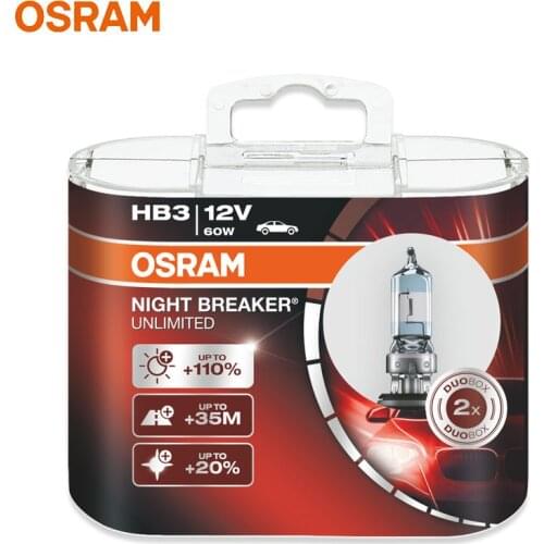 OSRAM HB3 Night Breaker Unlimited Bright White Car Headlight Fog Lights Genuine Halogen Lamp 9005NBU P20d 12V 60W (2 Pcs)