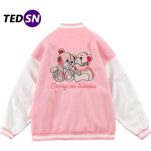 2021SS Mens College Jacket Loose Couple High Street Hipster Autumn Baseball Jacket Bear Embroidery Patchwork Color Bomber Coats