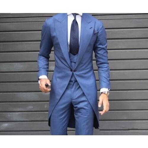 Handsome Peak Lapel Blue Men Grooming Tuxedos Suits Men Business Prom Party Bespoke Suits 3 Pieces Best Men Costume Blazer Suits