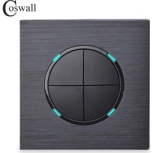 Coswall 4 Gang 2 Way Random Click On / Off Passage Wall Light Switch Switched LED Indicator Black / Silver Grey Aluminum Panel