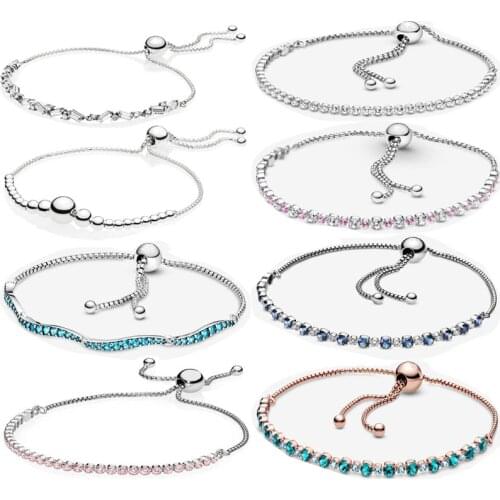 New 925 Sterling Silver Blue Wavy Slider Bracelet For Women Fashion Crystal Blue and Clear Sparkle Slider Bracelet DIY Jewelry