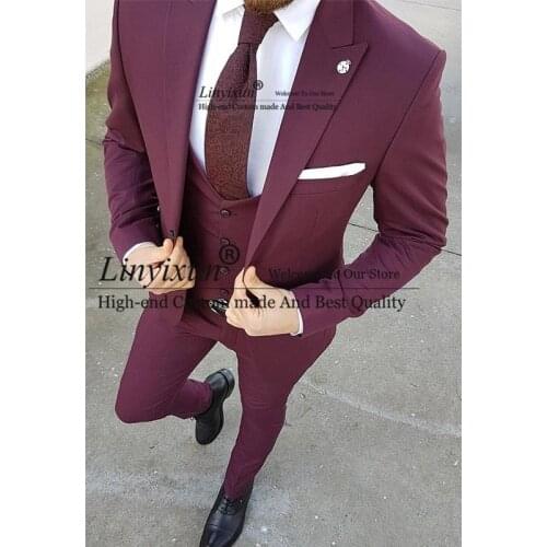 New Burgundy Groom Tuxedos Peak Lapel Groomsmen Mens Wedding Dress Fashion Man Jacket Blazer 3Piece Suit(Jacket+Pants+Vest)