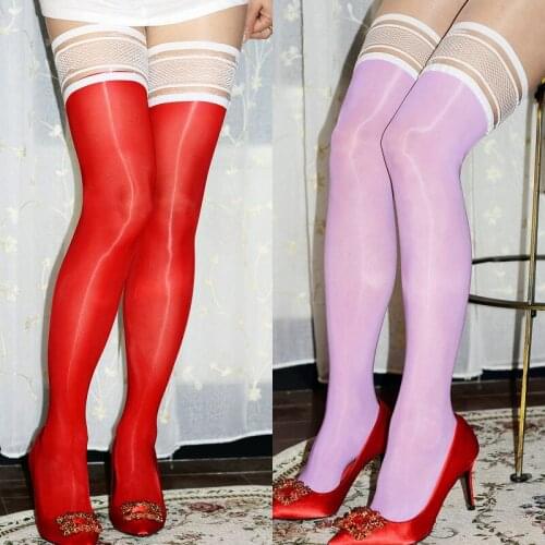 Sexy Glossy Sheer Thigh High Stockings with Stay Up Mesh Top Elastic Oil Pantyhose Nylons Hosiery