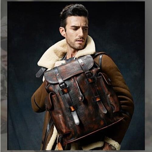 Backpack Luxury Mens Cow Leather Bag Dark Brown Simple Military Style Travel Bag Large Capacity Retro