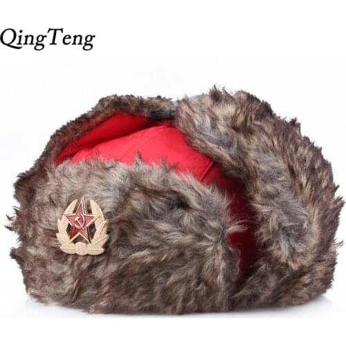 Winter Faux Rabbit Fur Earflap Caps For Men hat Soviet Army Military Badge Russian Ushanka Bomber Hats Pilot Trapper Aviator Cap