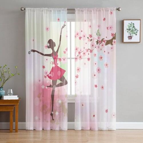Ballet Dancer Girl Pink Flower Sheer Curtains Window Curtains for Living Room Bedroom Blinds Kids Room Home Decor