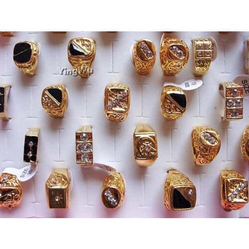 Yingwu Wholesale Vintage Jewelry Golden Color Mens Wide Rings Wedding Ring Gold Plated Rhinestone Rings 10pcs