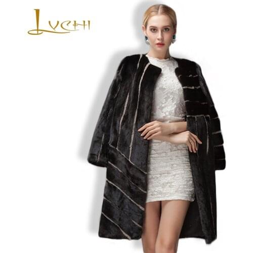 LVCHI Cross Striped Womens Noble Real Fur Coat Leather Black Fur Leather Hit Color O-Neck Full Pelt Mink knitted Mink Coat