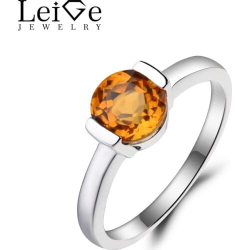 Leige Jewelry Proposal Ring Natural Citrine Ring Round Cut Yellow Gemstone 925 Sterling Silver Solitaire Ring Gifts for Women