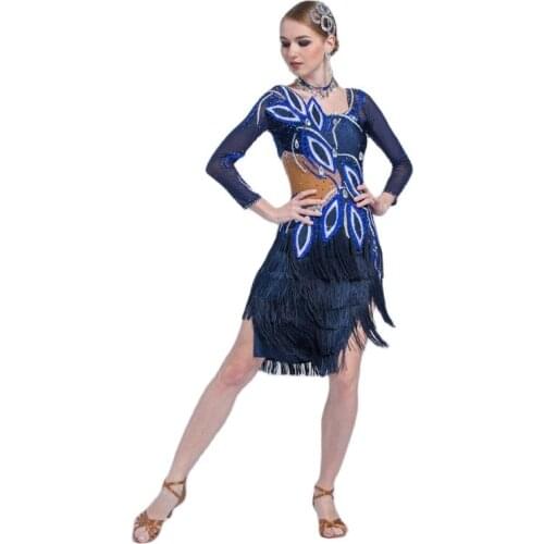 L-17198 Kid Latin dance performances dress adult, long-sleeved dancing bull rumba tassel dress