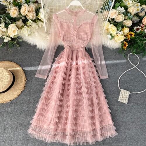 Cyanlee Mesh Partchwork Elegant Women Party Dress Solid Long Sleeve O Neck Banquet Dresses Female Fashion Korean Vestidos