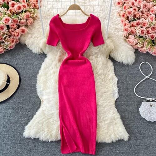 2021 Summer New Style Korean Retro Square Collar Waist Slimming Open Back Mid-length Knitted Bag Hip Dress with Short Sleeves