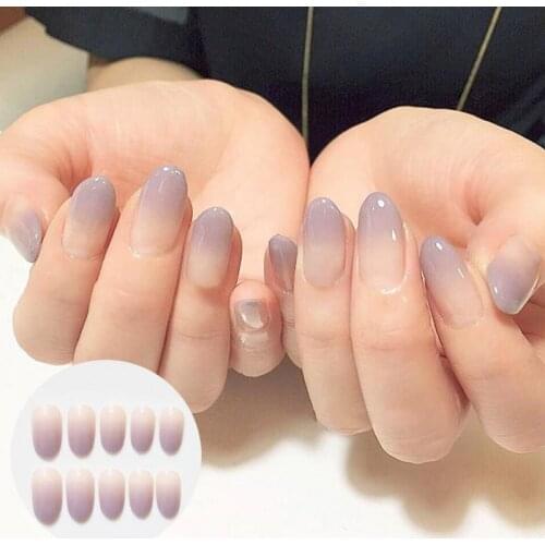 24pcs High Quality Oval Shape Faux Charming Fake Nail nude purple gradient Design Nail Art False Tips Full Cover False Nails