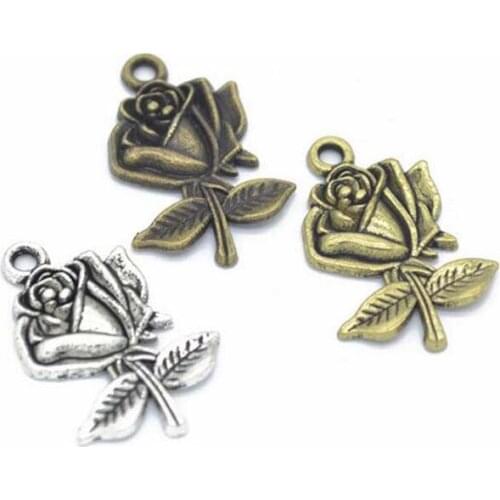 25Pcs 25x17m Antique Silver Alloy Rose Flower Charms Pendant Jewelry Findings