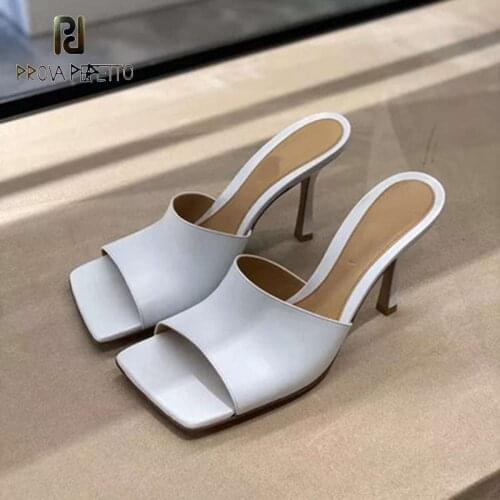 White Square-toe Sandals Stiletto High Heels One-word Slippers Womens Outer Wear Fashion Trendy Sandals 2021 Summer New Style