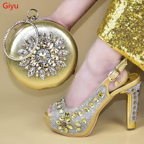 Doershow Fashion style gold Shoes And Bag Set To Match High Quality Italian Shoes With Matching Bags For Party!HXD1-7