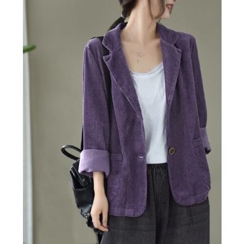 Johnature Women Corduroy Suit Collar Coat Vintage Long Sleeve Button Solid Color Clothing 2021 Autumn New Loose Casual Suit Coat