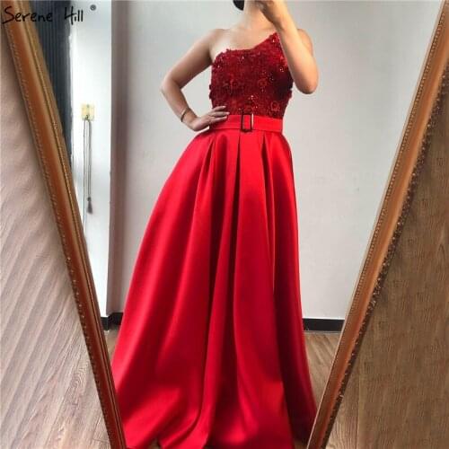 Serene Hill Red One Shoulder A-Line Sexy Evening Dress Sleeveless Handmade Flowers Diamonds Formal Party Gown 2020 CLA70201