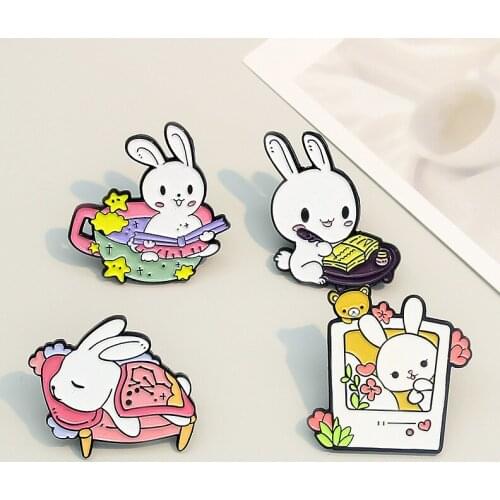 Creative Cute Cartoon Bunny Leisure Life Combination Brooch Beautiful Mirror Writing Reading Bathing and Sleeping Fashion Badge