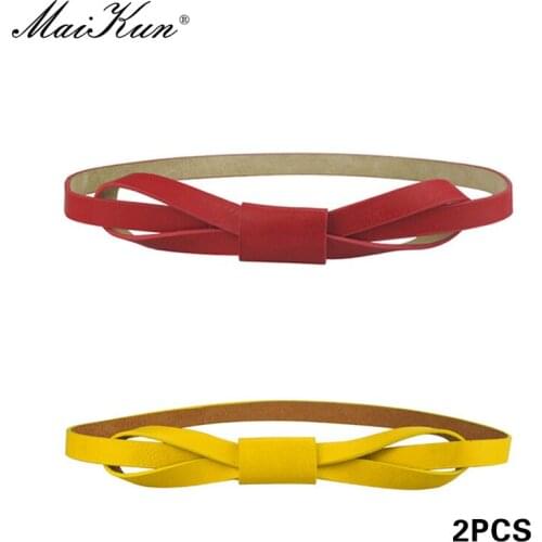 MaiKun 2PCS Thin Belts for Women Luxury Brand PU Leather Female Belt Designer Bowknot Belt for Dress