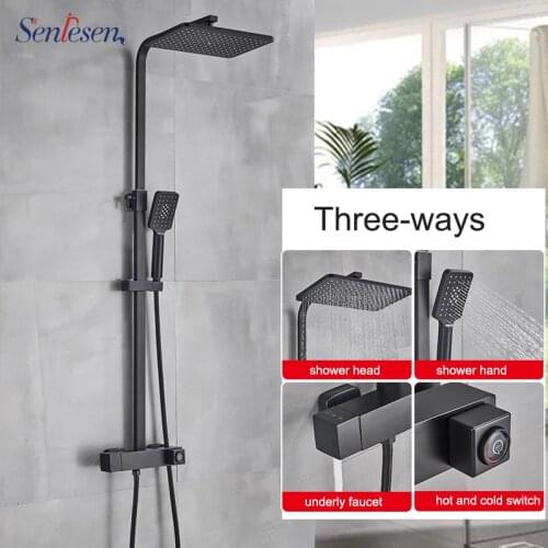 Senlesen Matte Black Shower Faucet 8” Shower Head ABS Hand Shower Bathroom Shower Set Hot and Cold Water Mixer Tap