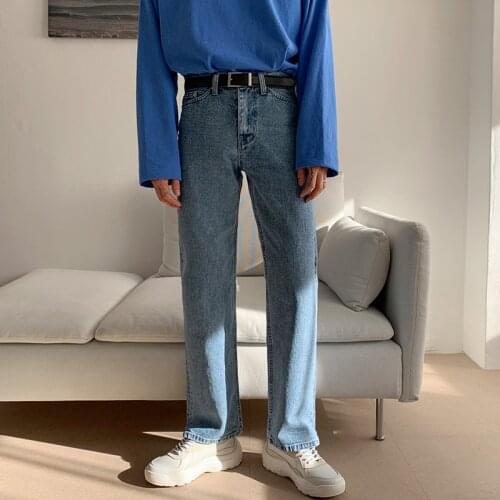 2021 Men Autumn New Long Straight Jeans Pants Korean Mens Loose Denim Trousers Male Streetwear Solid Color Casual Pants W483