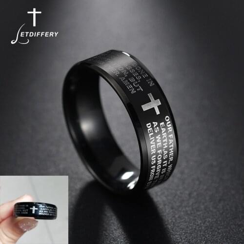 Letdiffery 8mm Black Bible Prayer Cross Men Rings Stainless Steel Christian Women Rings Birthday Gifts