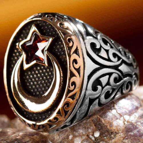 Men Silver Vintage Oval Red Zircon Crescent Star Motif Ring Ottoman Style Ring Handcarved Men Jewelery Unique Design Men’s