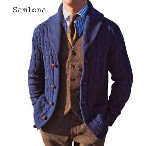 Samlona Plus Size Men Knitted Sweater Winter Warm Coats Mens Streetwear 2021 Single Breasted Top Cardigan Dark Blue Male Sweater